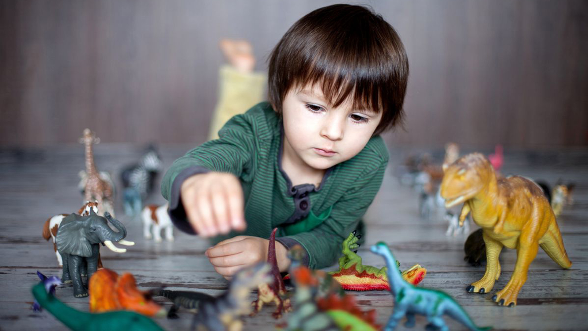 bambino che gioca con dinosauri giocattoli colorati