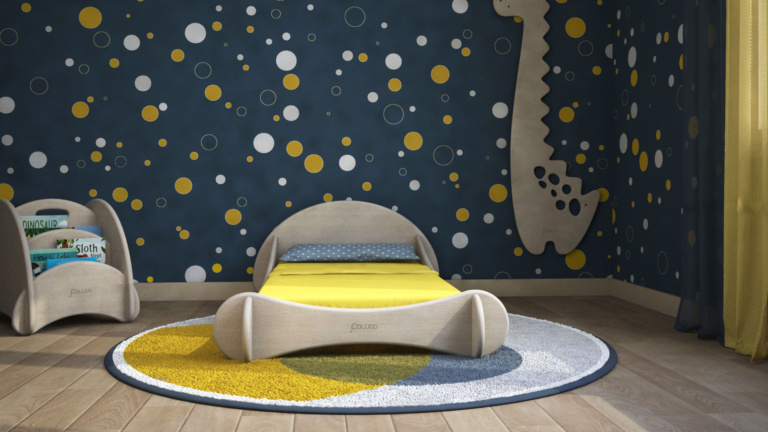 selezione soft furnishing cameretta montessori blu e giallo
